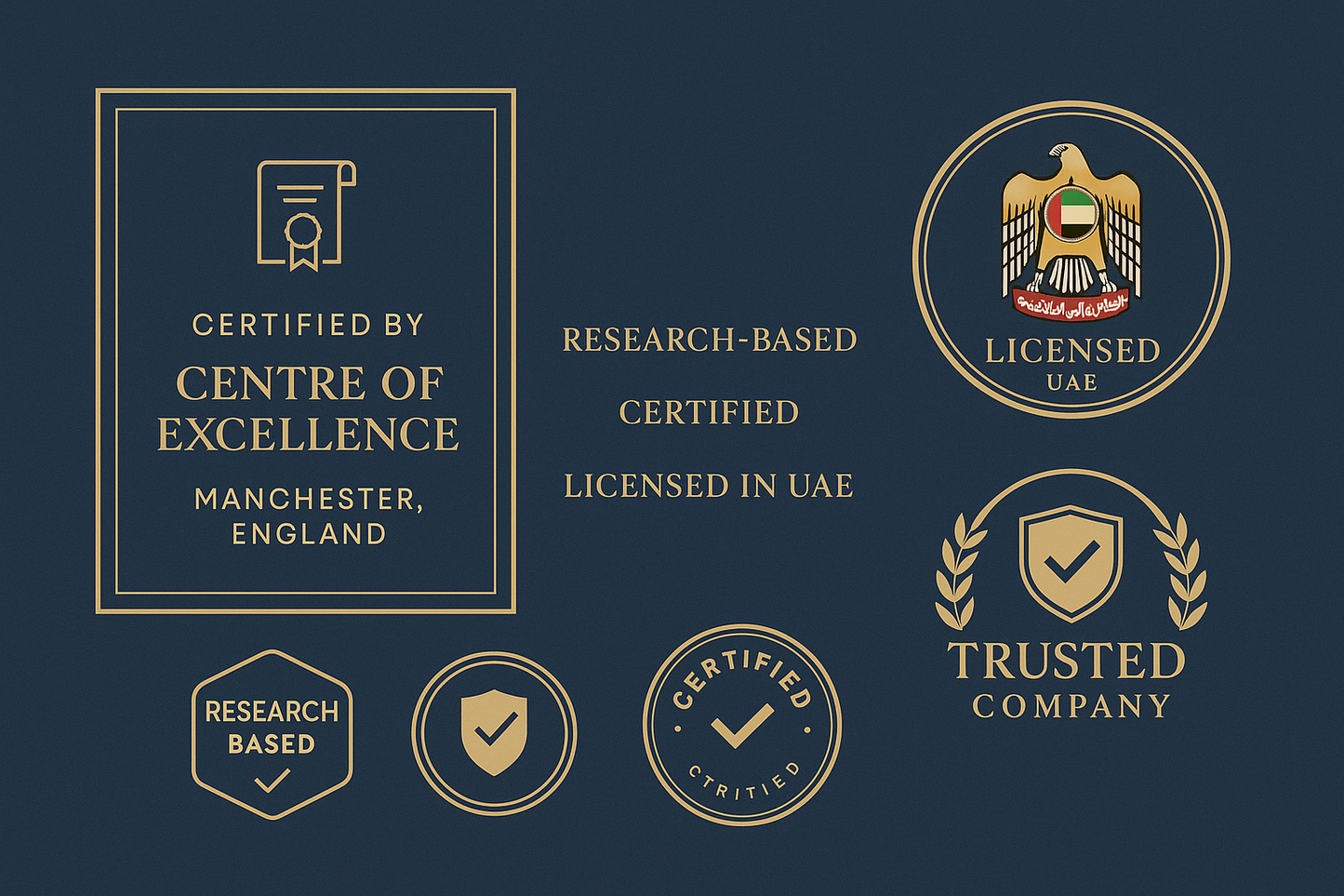 Your certifications/credentials (visually)
"Certified by Center of Excellence, Manchester, England"
UAE License badge/seal
Professional, legitimate, trustworthy aesthetic
Elements:
Certificate graphics (stylized, not actual certificates)
Trust badges
"Research-Based" • "Certified" • "Licensed in UAE"