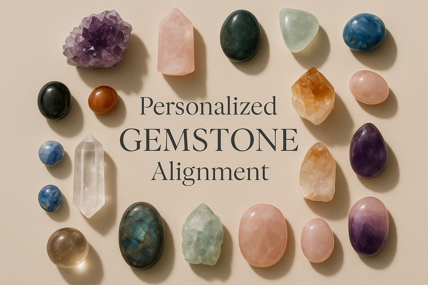 Beautiful array of crystals/gemstones
- Aesthetic flat-lay photography
- Text overlay: "Personalized Gemstone Alignment"
- Conveys the holistic, energetic aspect

**Source:**
- Unsplash.com (free stock photos - search "crystals" or "gemstones")
- Pexels.com
- Your own photos if you have quality gemstone collection
