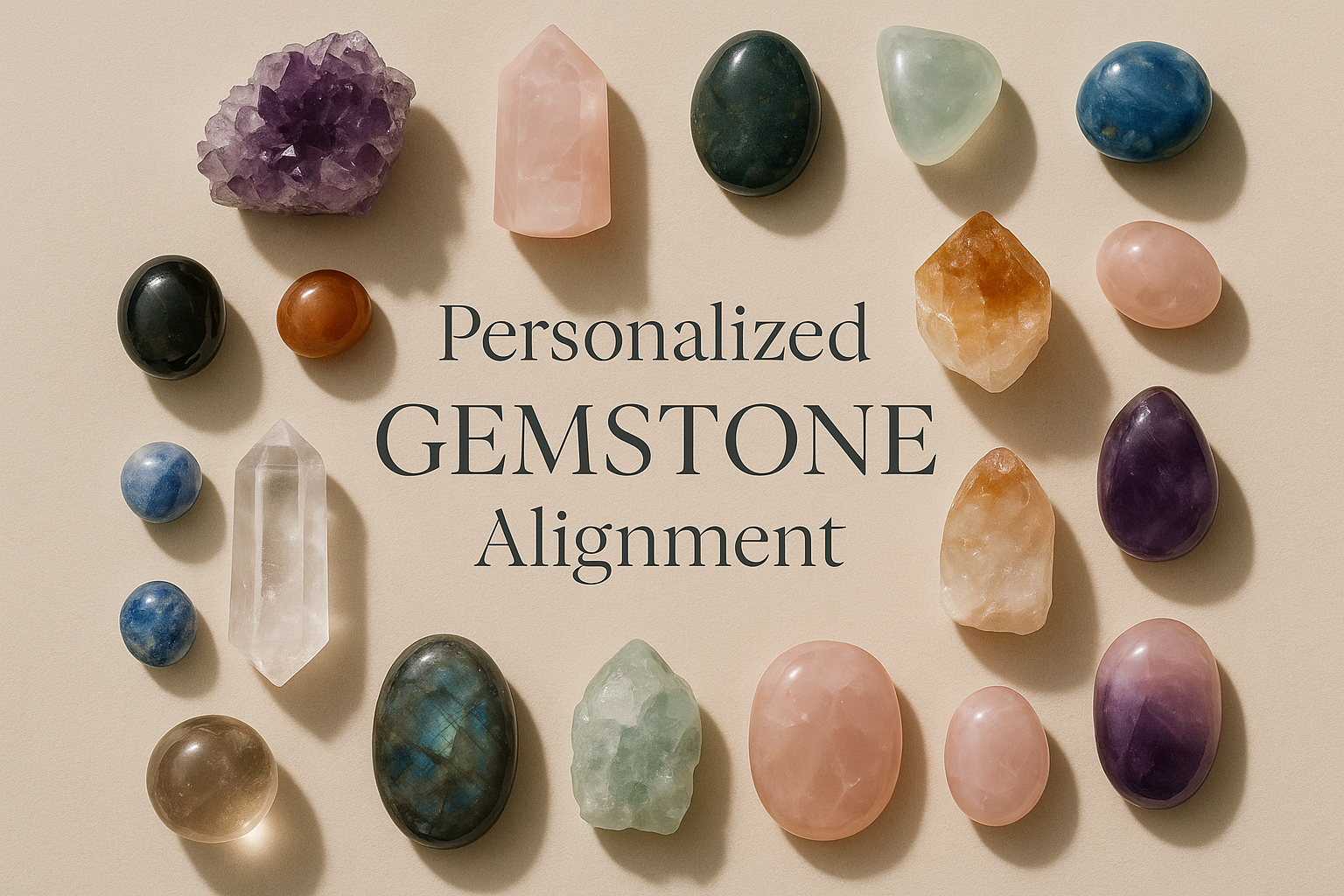 Beautiful array of crystals/gemstones
- Aesthetic flat-lay photography
- Text overlay: "Personalized Gemstone Alignment"
- Conveys the holistic, energetic aspect

**Source:**
- Unsplash.com (free stock photos - search "crystals" or "gemstones")
- Pexels.com
- Your own photos if you have quality gemstone collection
