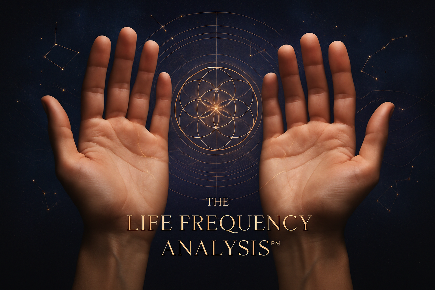 Elegant hands (both palms visible, well-lit, professional photography)
Overlaid with cosmic/energy elements (sacred geometry, frequency waves, constellation patterns)
Text overlay: "The Life Frequency Analysis™"
Color scheme: Deep space blues, purples, gold accents
Premium, mystical, scientific aesthetic

Design Style:

Professional composite image
Not cartoonish - sophisticated and premium
Think: luxury wellness brand meets scientific research