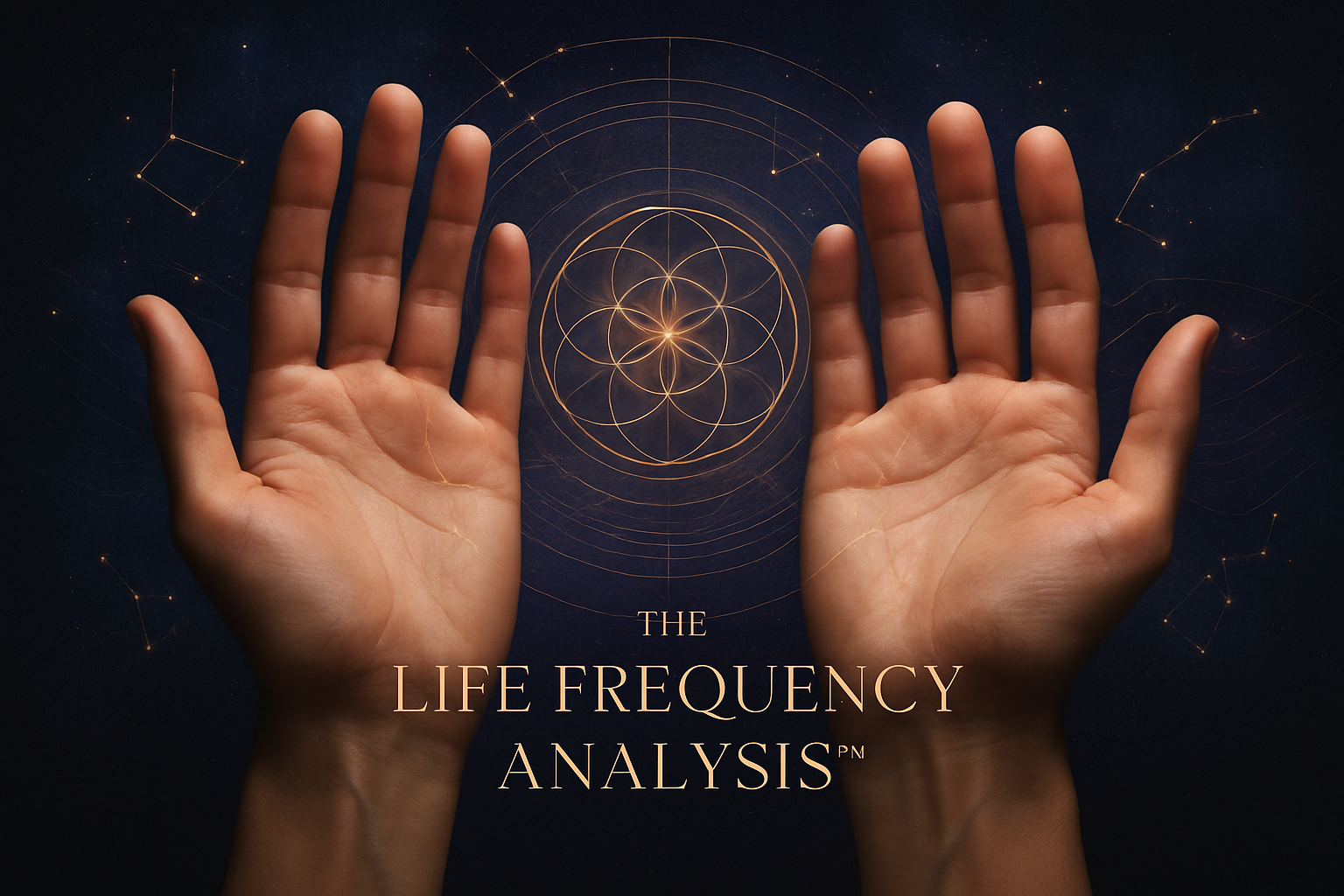 Elegant hands (both palms visible, well-lit, professional photography)
Overlaid with cosmic/energy elements (sacred geometry, frequency waves, constellation patterns)
Text overlay: "The Life Frequency Analysis™"
Color scheme: Deep space blues, purples, gold accents
Premium, mystical, scientific aesthetic

Design Style:

Professional composite image
Not cartoonish - sophisticated and premium
Think: luxury wellness brand meets scientific research