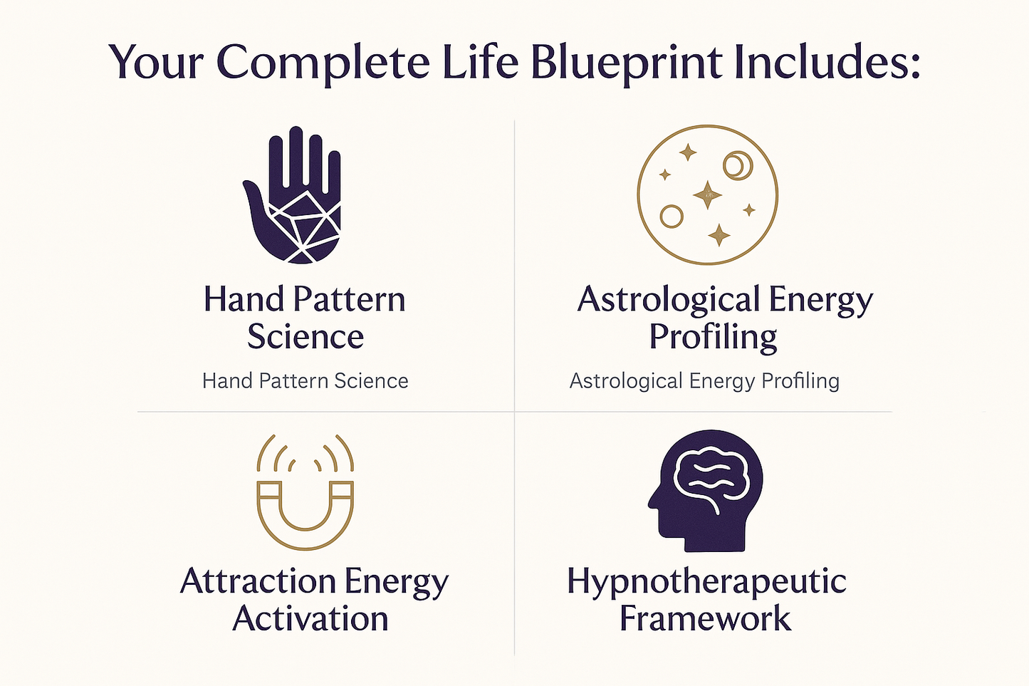 [ICON] Hand Pattern Science
[ICON] Astrological Energy Profiling  
[ICON] Attraction Energy Activation
[ICON] Hypnotherapeutic Framework
```

**Design elements:**
- Clean layout with icons
- Brief description under each (1 line)
- Branded colors matching Image 1
- Title: "Your Complete Life Blueprint Includes:"

**Tools:**
- Canva (use infographic templates)
- Visme
- Piktochart