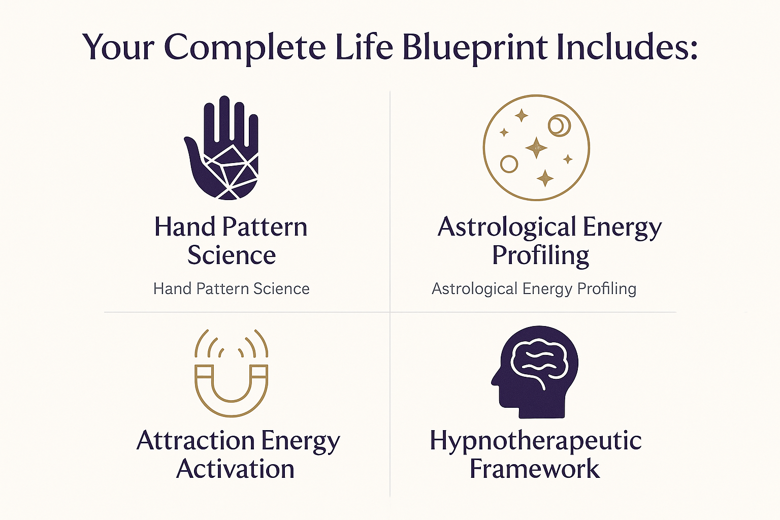 [ICON] Hand Pattern Science
[ICON] Astrological Energy Profiling  
[ICON] Attraction Energy Activation
[ICON] Hypnotherapeutic Framework
```

**Design elements:**
- Clean layout with icons
- Brief description under each (1 line)
- Branded colors matching Image 1
- Title: "Your Complete Life Blueprint Includes:"

**Tools:**
- Canva (use infographic templates)
- Visme
- Piktochart