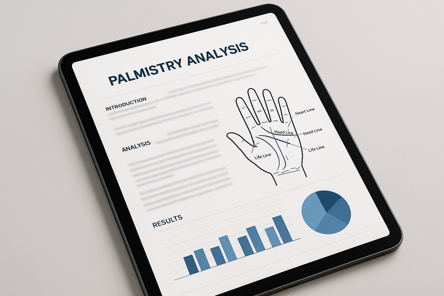 Professional-looking PDF report pages
- Blurred/anonymized text (privacy)
- Shows report structure: sections, headers, diagrams
- Maybe palmistry diagram with lines labeled (scientific looking)

**Purpose:**
- Shows tangible deliverable
- Builds trust through professional presentation
- Sets quality expectations

**Tools:**
- Canva: Create mock pages, then mockup on tablet/laptop screen
- Placeit.net: PDF mockup generators
- Smartmockups.com
