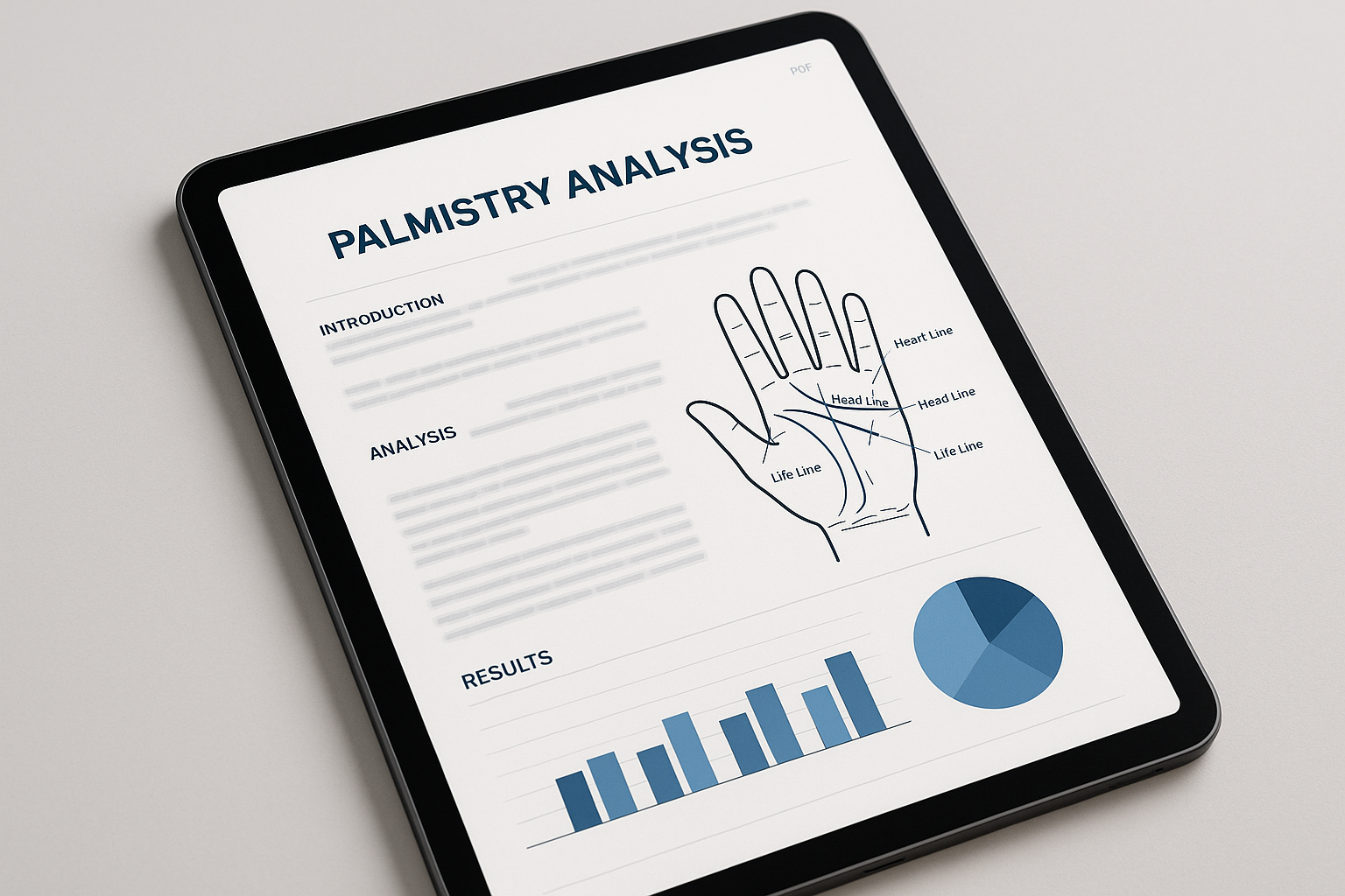 Professional-looking PDF report pages
- Blurred/anonymized text (privacy)
- Shows report structure: sections, headers, diagrams
- Maybe palmistry diagram with lines labeled (scientific looking)

**Purpose:**
- Shows tangible deliverable
- Builds trust through professional presentation
- Sets quality expectations

**Tools:**
- Canva: Create mock pages, then mockup on tablet/laptop screen
- Placeit.net: PDF mockup generators
- Smartmockups.com